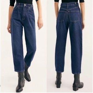 Free People We The Free Dark Wash Pleat Straight Leg Button Waist Jeans Size 30